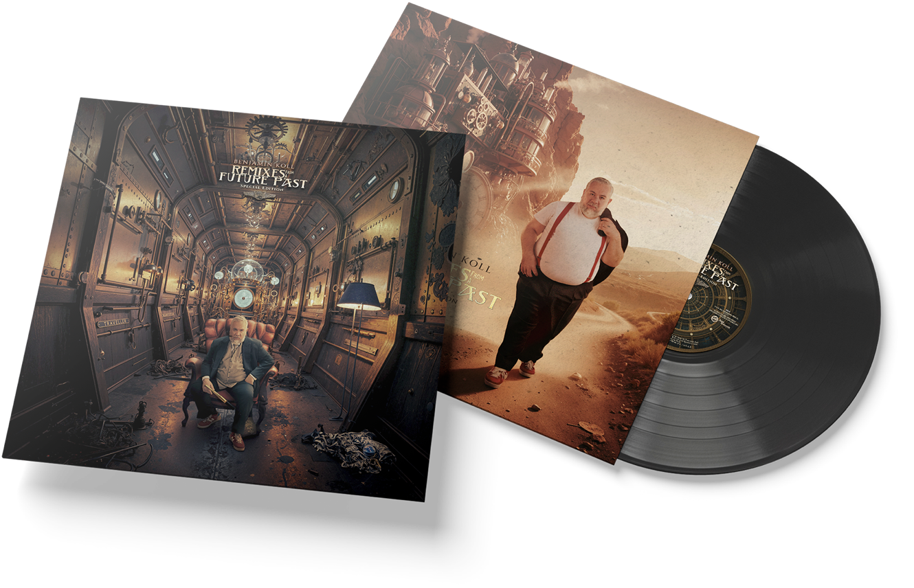 Two vinyl record covers are displayed. The left cover shows a person sitting in a large, ornate room with a high ceiling. The right cover features a person standing in a desert landscape with a cloudy sky. A black vinyl record is partially visible beneath the covers.