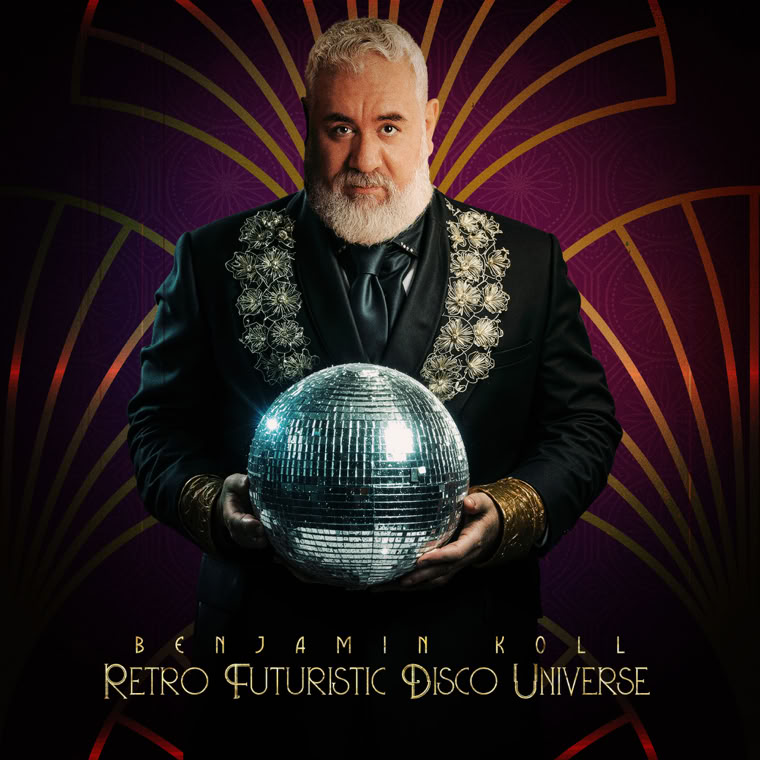 Benjamin Koll holding a disco ball, wearing a decorative jacket, with an art deco style background and text reading "Retro Futuristic Disco Universe."