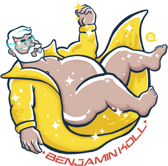 Cartoon of a bearded man with glasses, wearing a yellow robe, reclining on a crescent moon with stars around him.