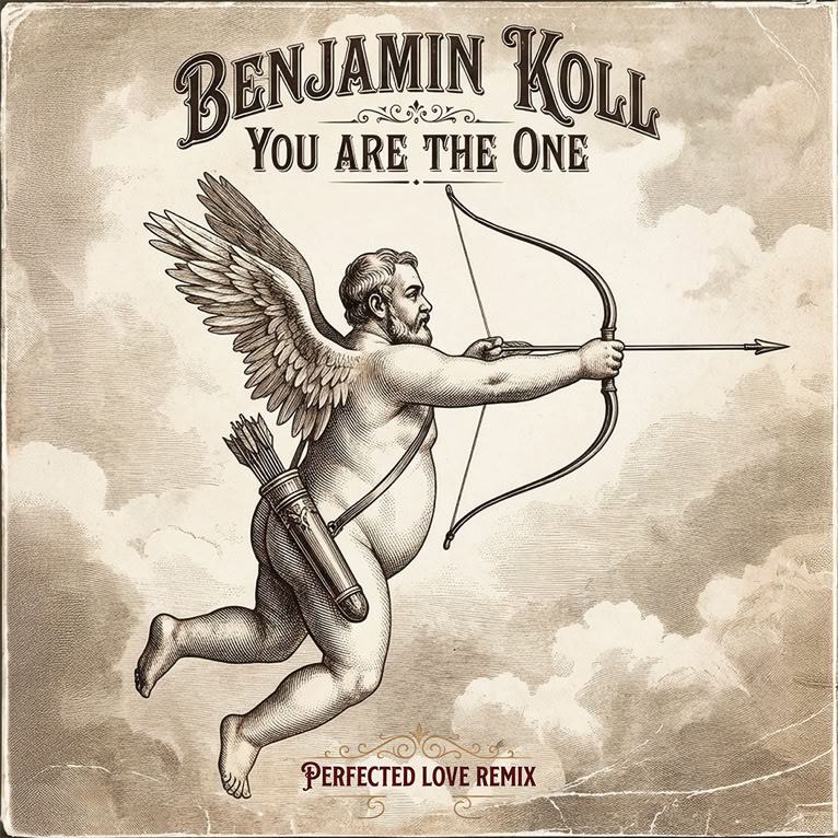 A vintage-style illustration of a winged cherub holding a bow and arrow, with text above and below.