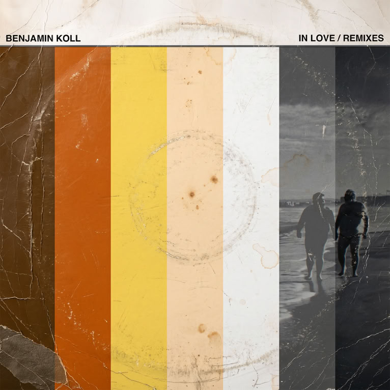 A textured image with vertical stripes in brown, orange, yellow, white, and gray, featuring silhouettes of two people walking on a beach in the gray section.